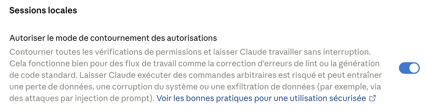 Paramètres : activer le mode de contournement des autorisations