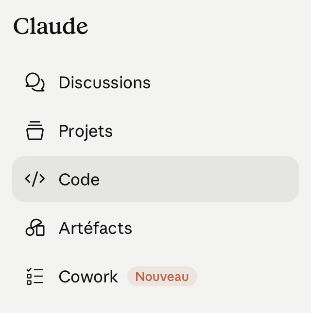 Menu de l'app Claude avec l'entrée Code