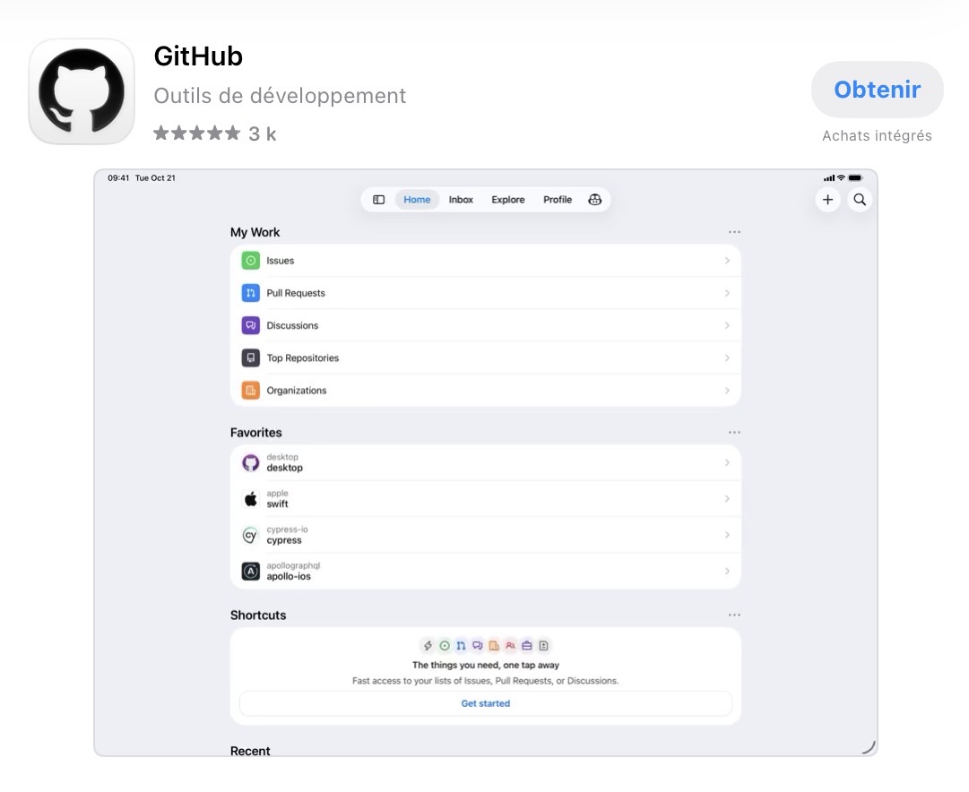 Fiche de l'app GitHub sur l'App Store