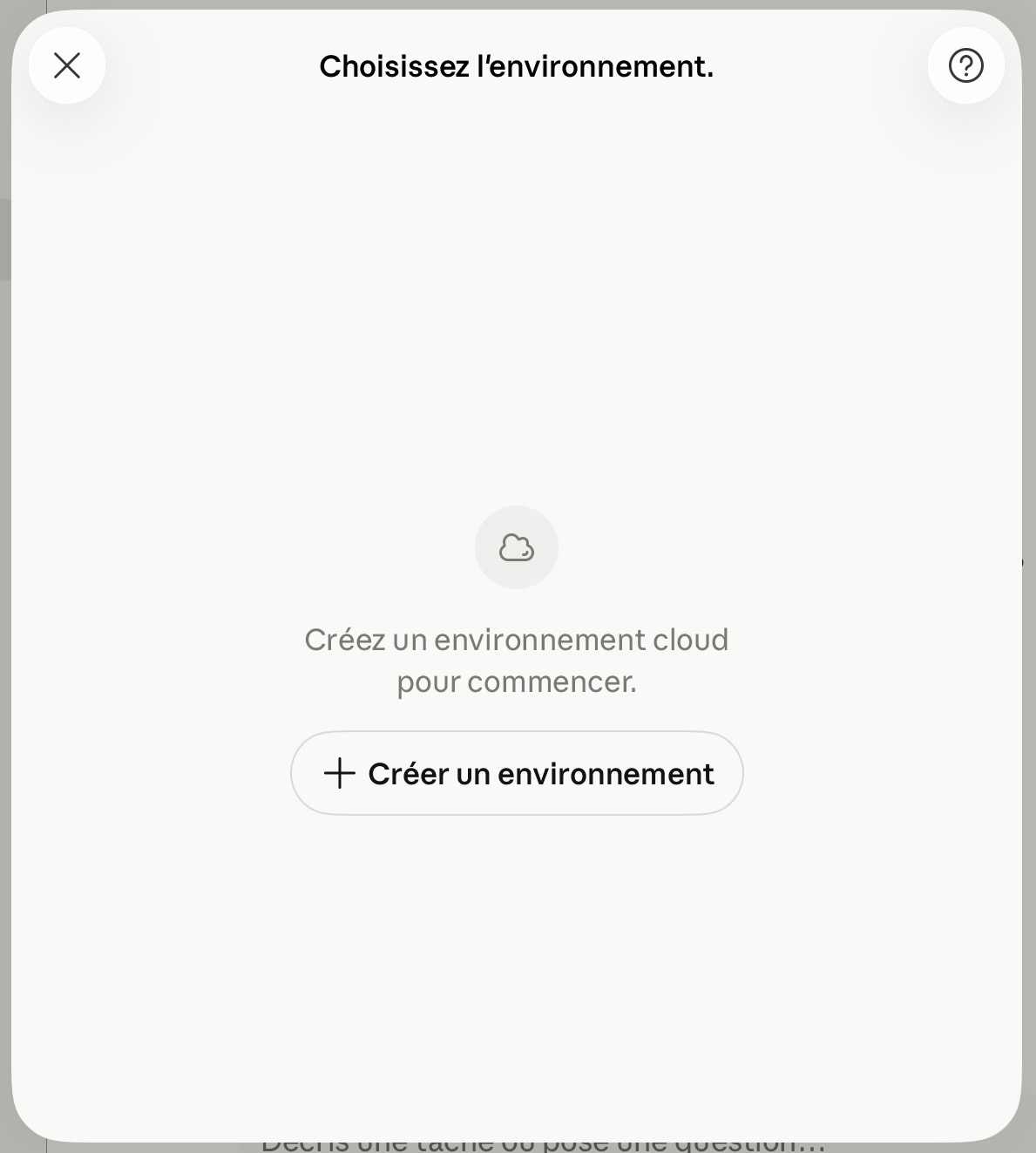 Écran Choisissez l'environnement avec le bouton Créer un environnement