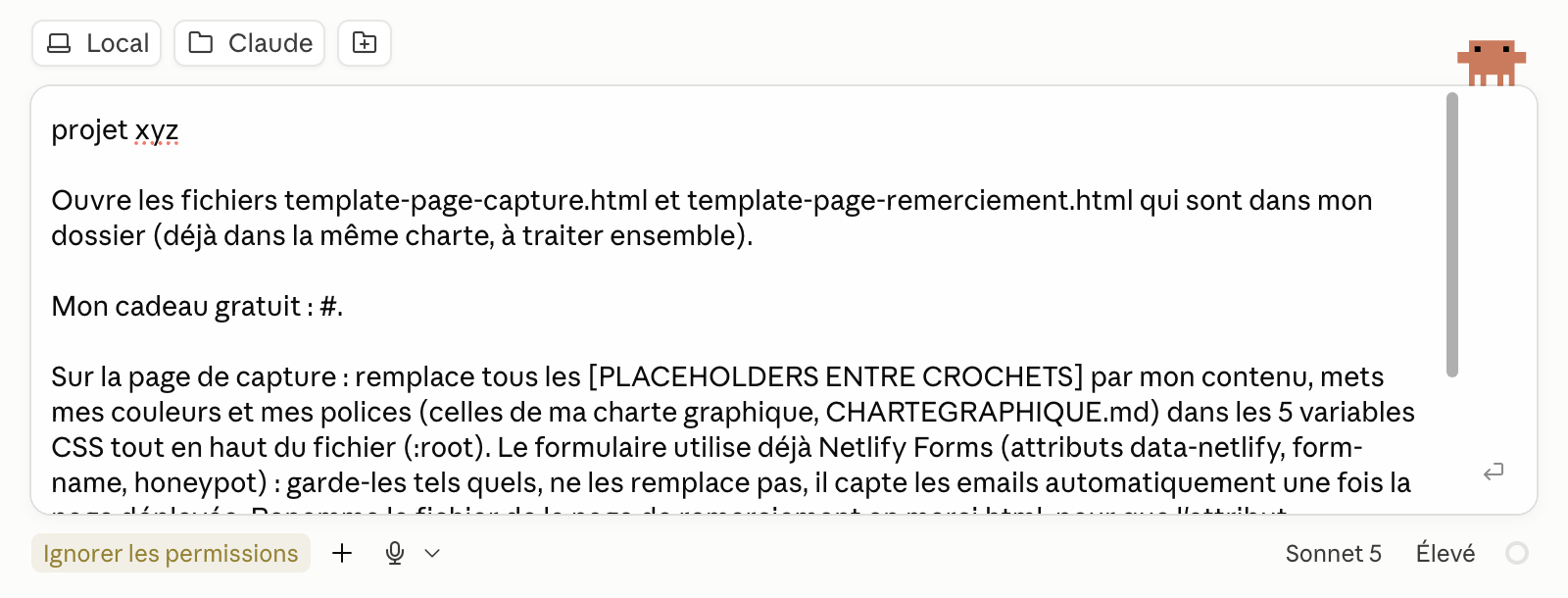 Message : projet xyz suivi du prompt