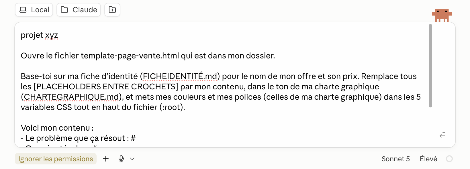 Message : projet xyz suivi du prompt