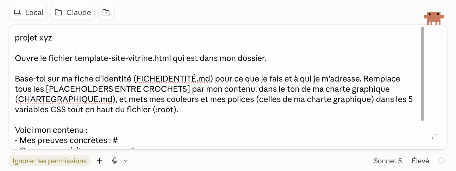 Message : projet xyz suivi du prompt